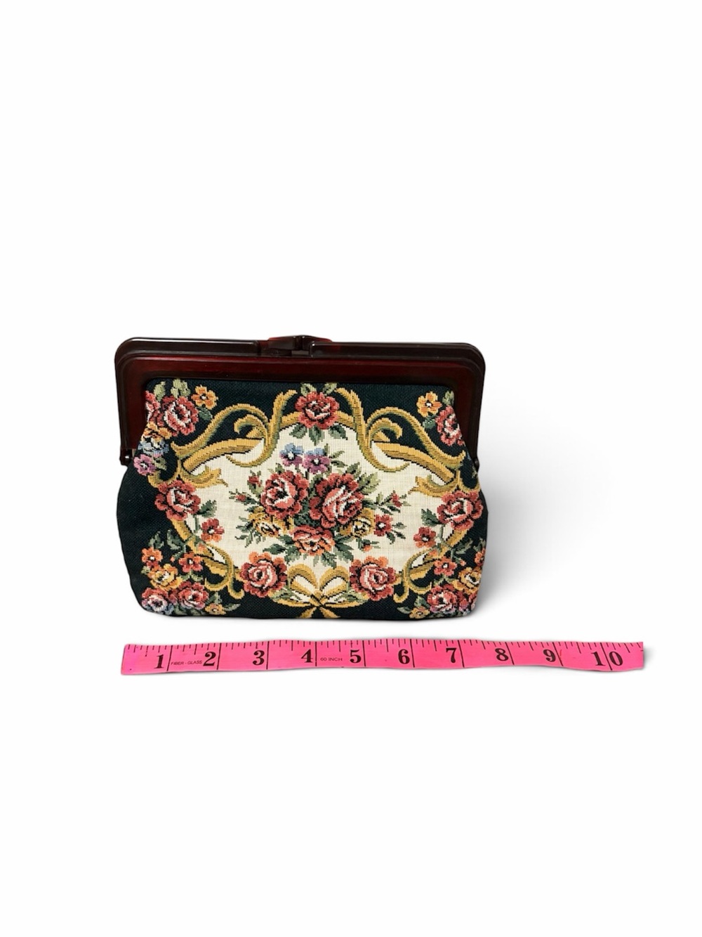 1960s Vintage Floral Tapestry Clutch Purse with Lucite Handle -Made in Hong Kong